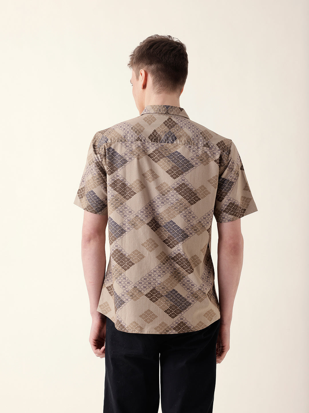 Beige Regular Fit Casual Shirt with Geometric Floral Grid Print