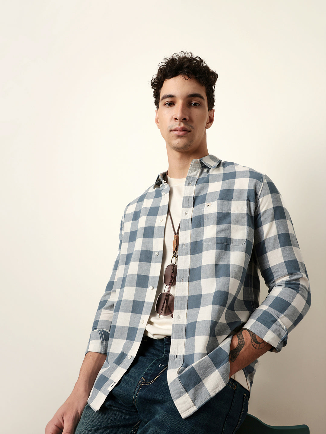 Blue with Cream Woven Checks Slim Fit Casual Shirt