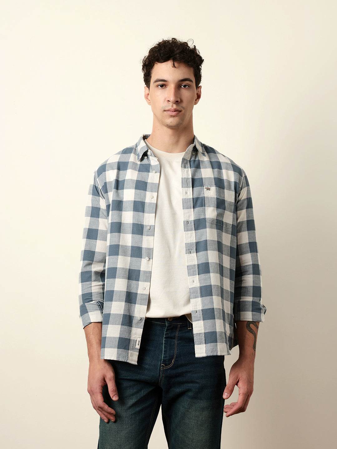 Blue with Cream Woven Checks Slim Fit Casual Shirt