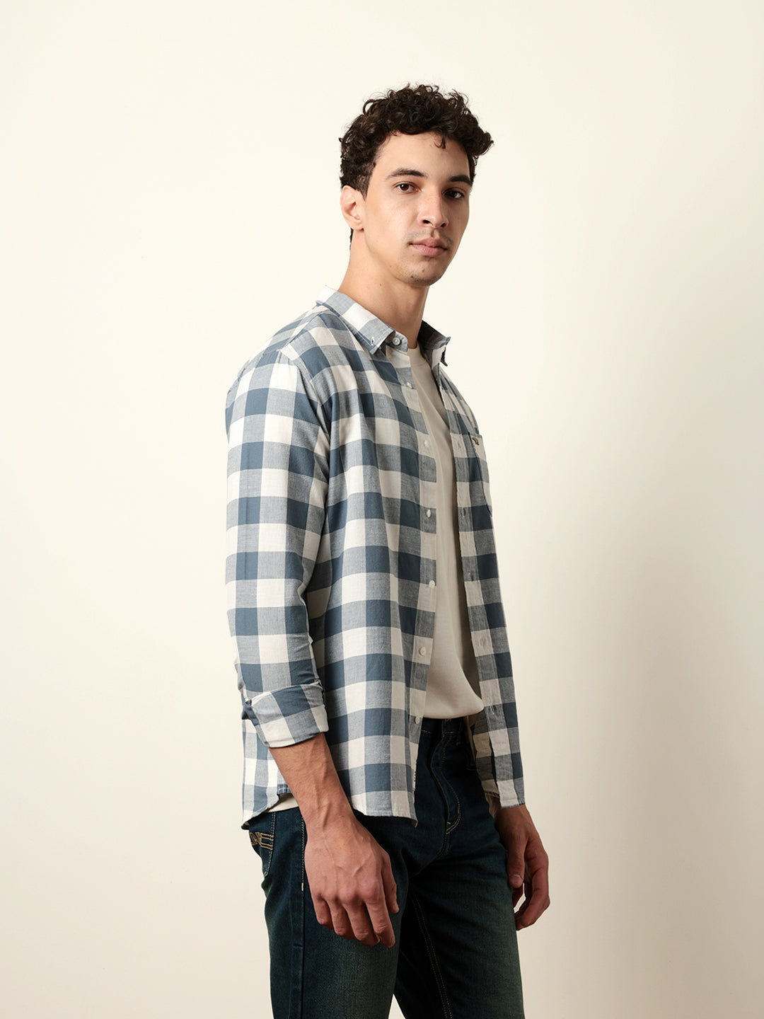 Blue with Cream Woven Checks Slim Fit Casual Shirt