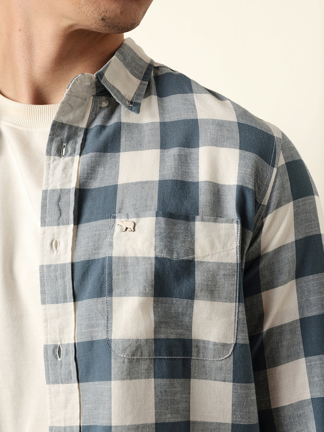 Blue with Cream Woven Checks Slim Fit Casual Shirt