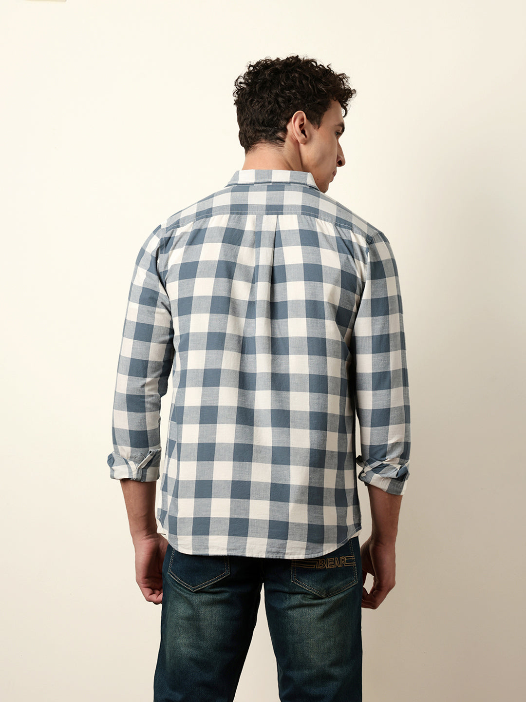 Blue with Cream Woven Checks Slim Fit Casual Shirt