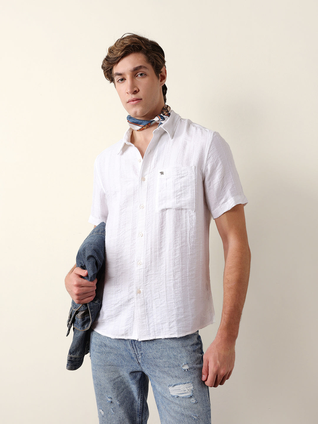 White Vertical Stripe Dobby Woven Regular Fit Casual Shirt