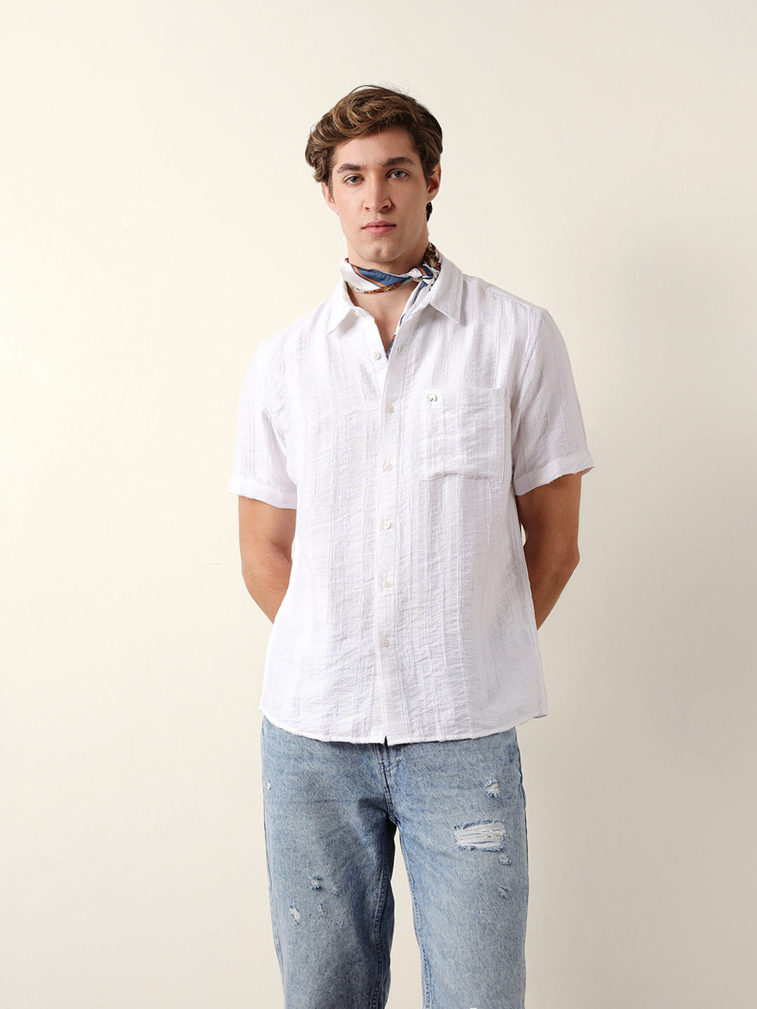 White Vertical Stripe Dobby Woven Regular Fit Casual Shirt