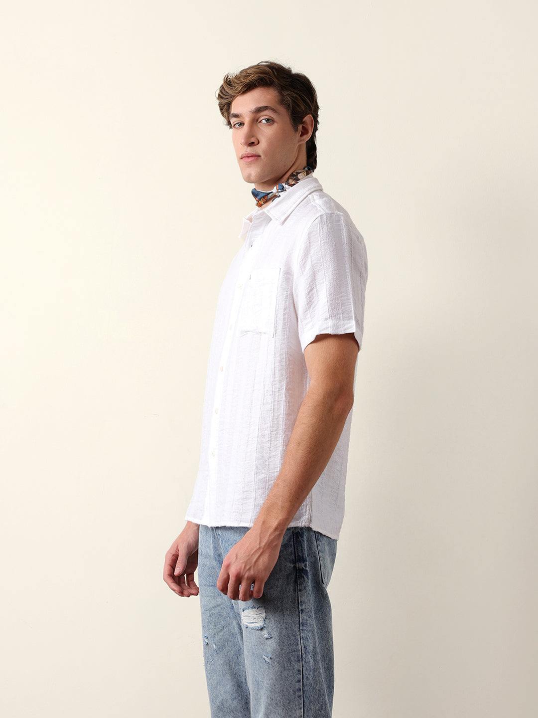 White Vertical Stripe Dobby Woven Regular Fit Casual Shirt