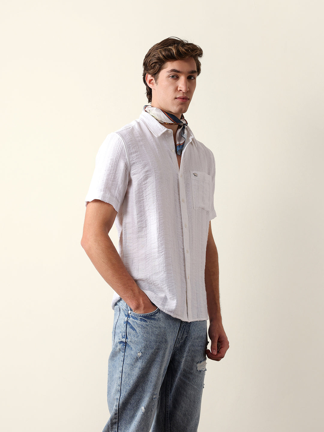 White Vertical Stripe Dobby Woven Regular Fit Casual Shirt
