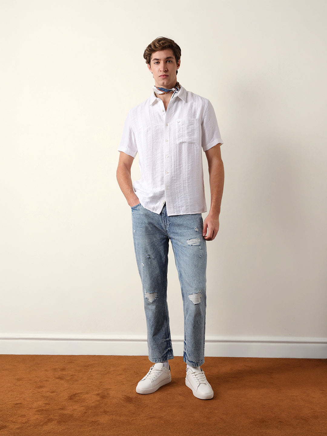 White Vertical Stripe Dobby Woven Regular Fit Casual Shirt
