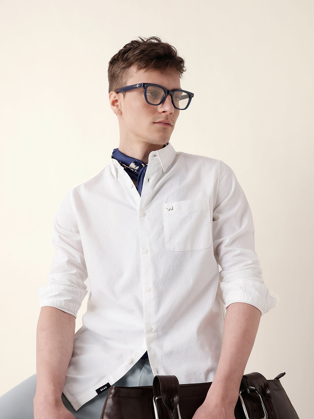 White Solid Slim-Fit Casual Shirt with Button-Down Collar