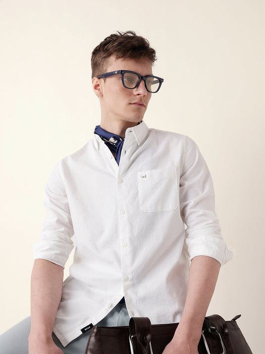 White Solid Slim-Fit Casual Shirt with Button-Down Collar