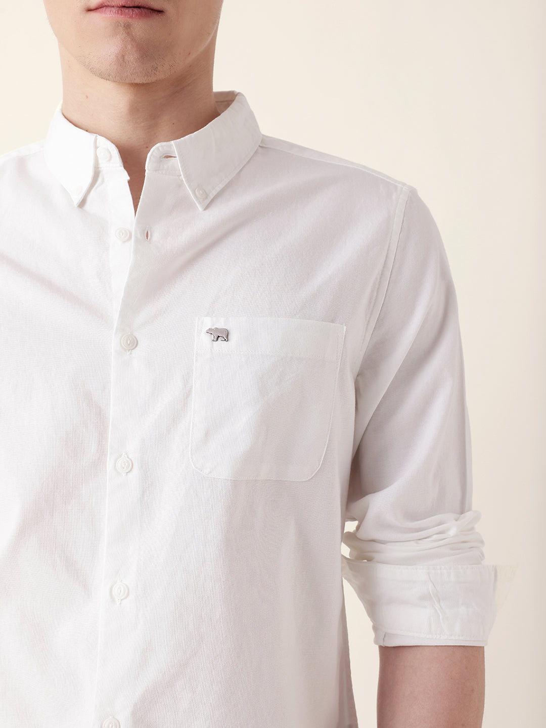 White Solid Slim-Fit Casual Shirt with Button-Down Collar