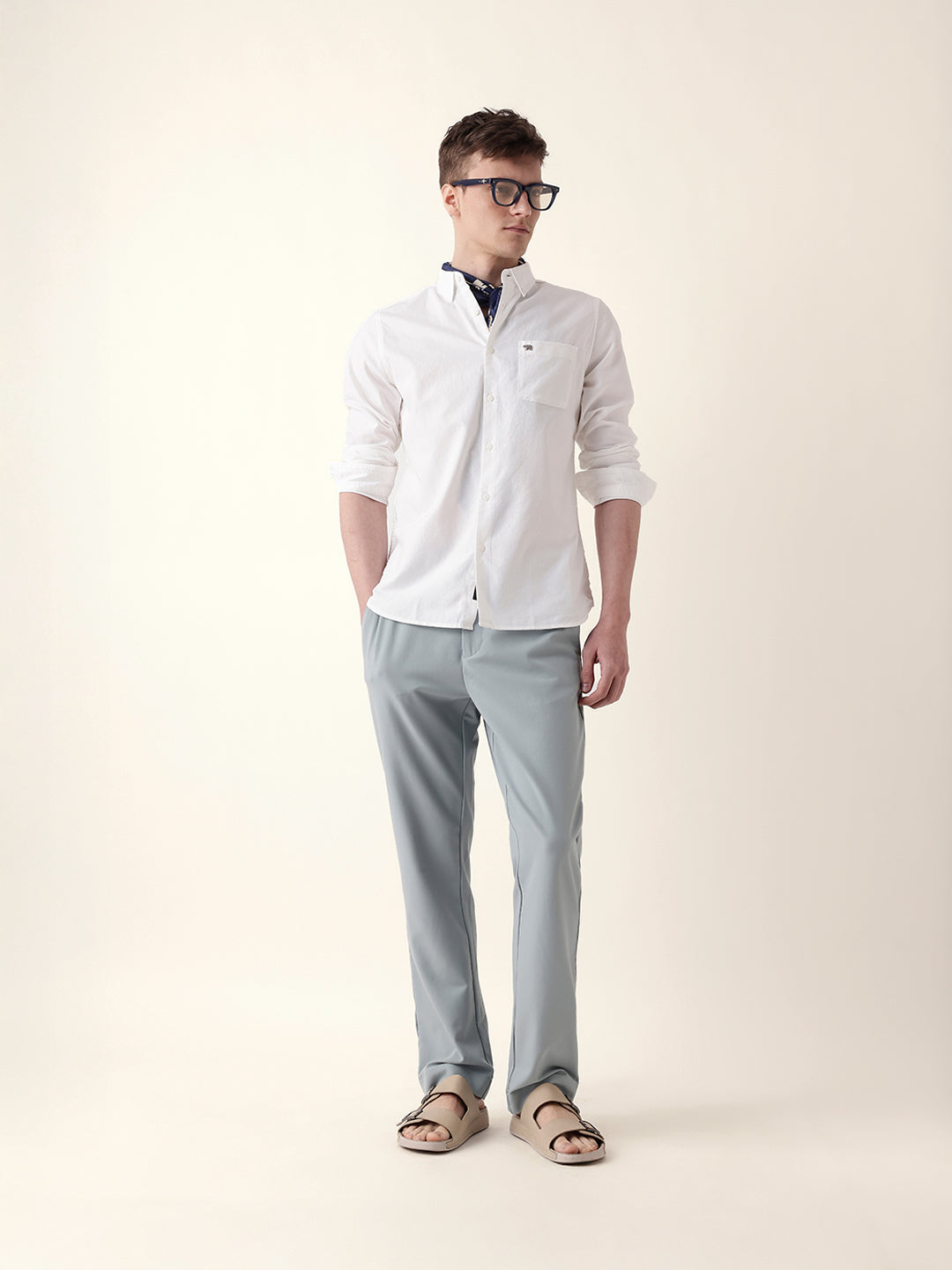 White Solid Slim-Fit Casual Shirt with Button-Down Collar