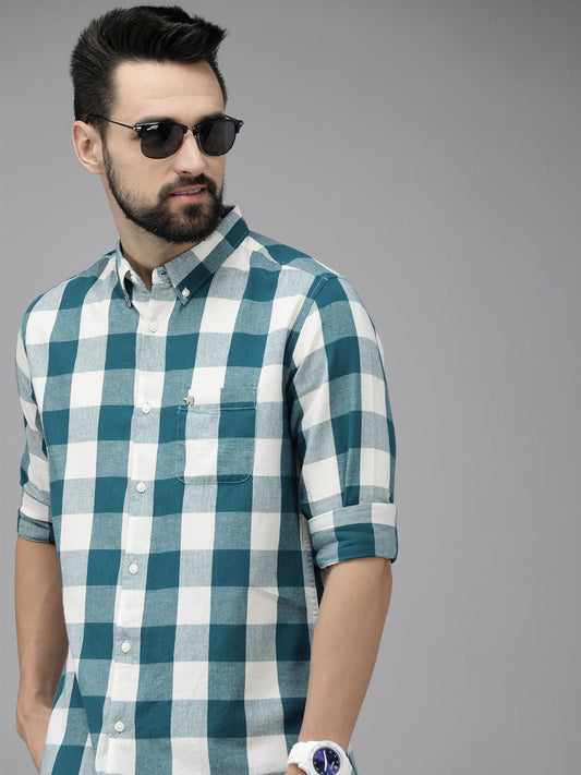 Men Teal Green Cotton Checked Slim Flannel Shirt