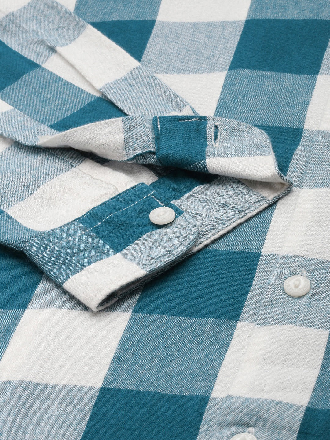 Men Teal Green Cotton Checked Slim Flannel Shirt