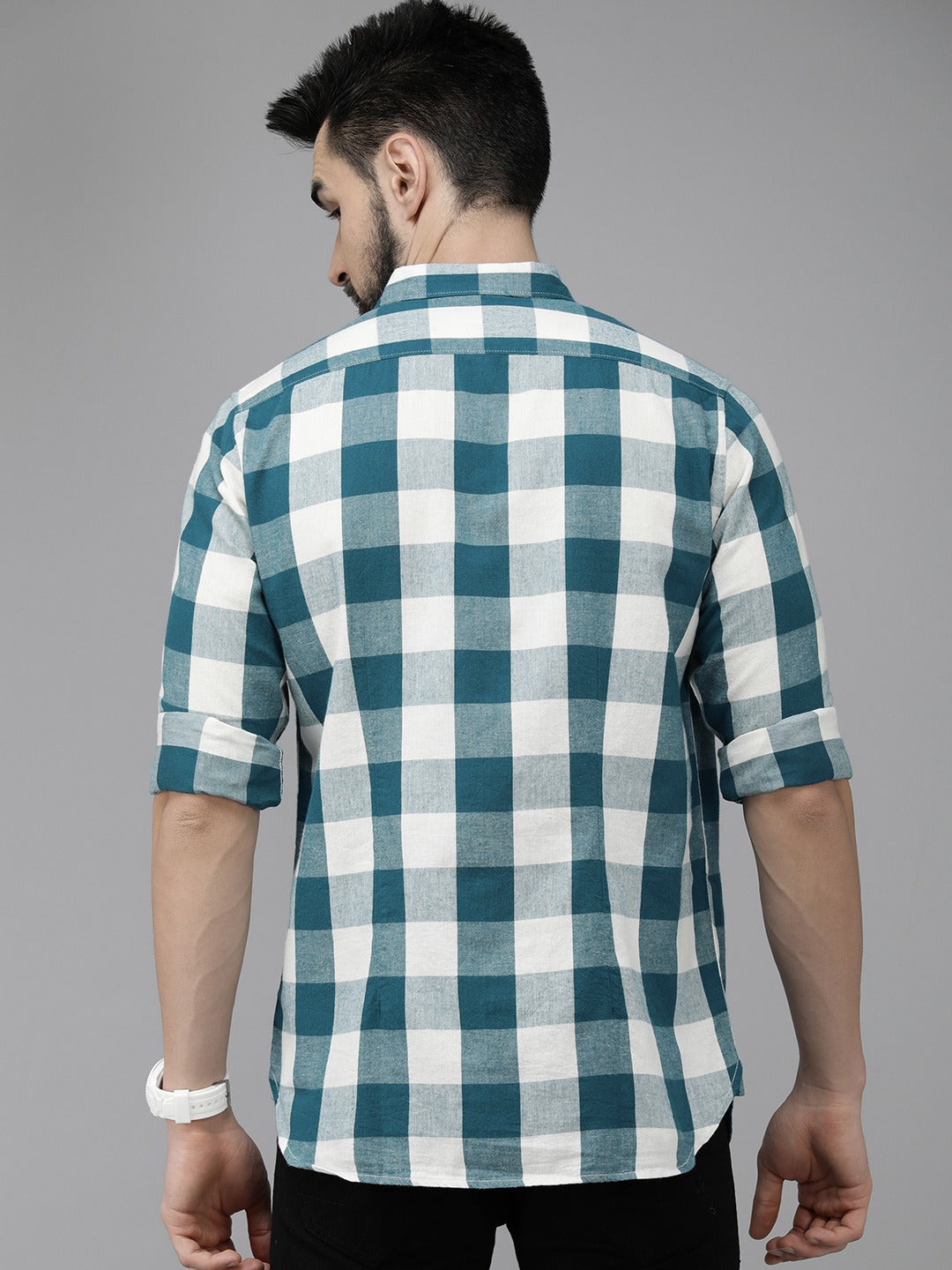 Men Teal Green Cotton Checked Slim Flannel Shirt