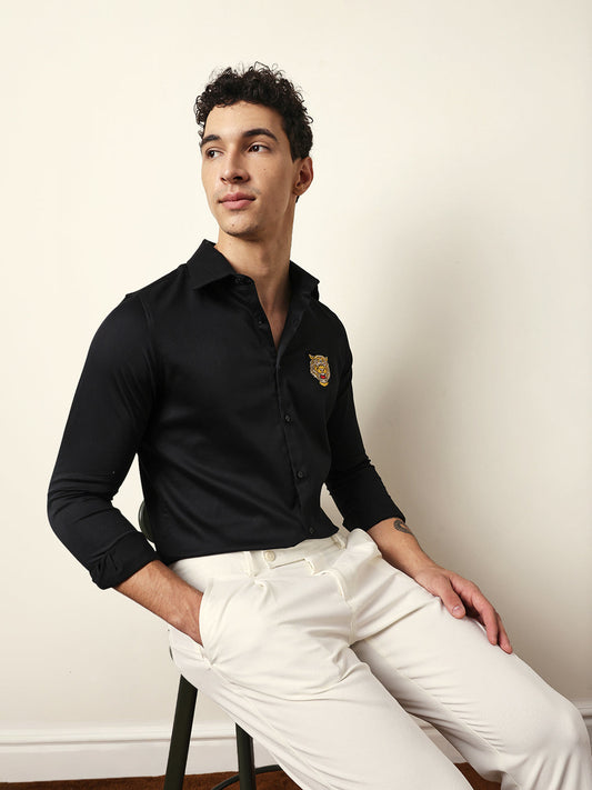 Black Tailored Fit Tiger Embroidery Formal Party Shirt