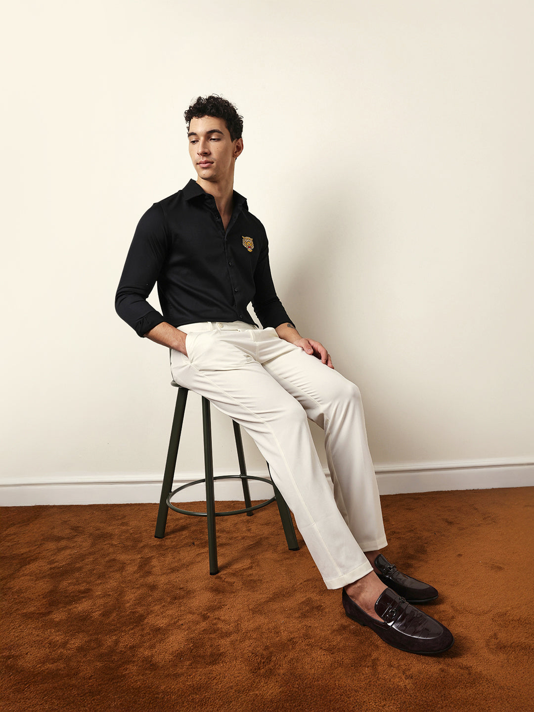 Black Tailored Fit Tiger Embroidery Formal Party Shirt