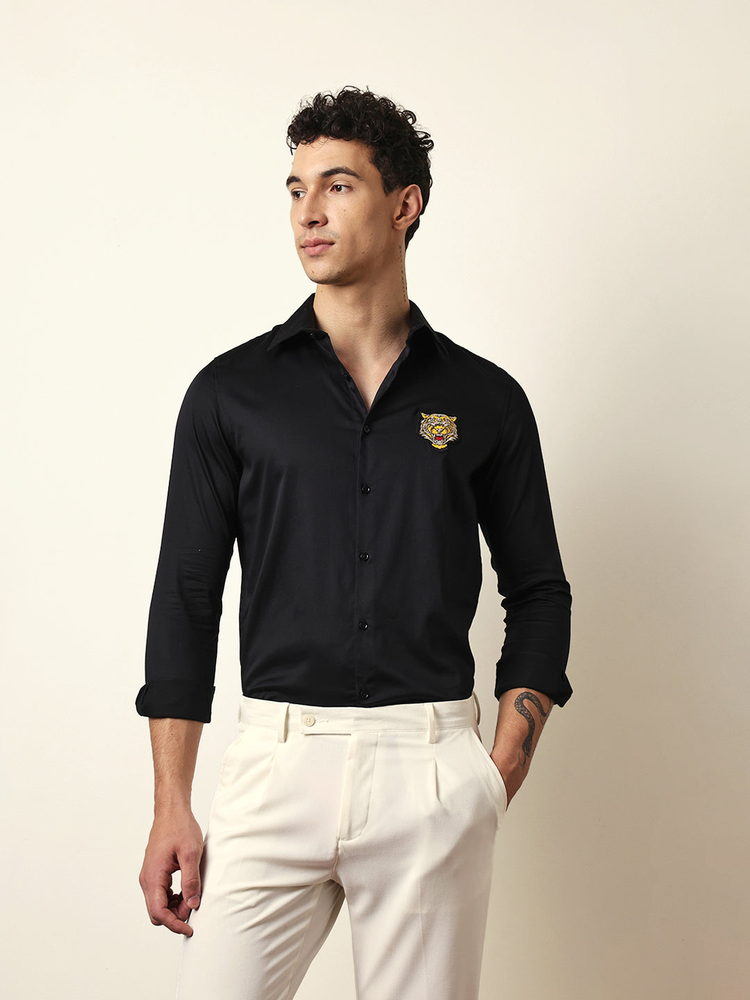 Black Tailored Fit Tiger Embroidery Formal Party Shirt