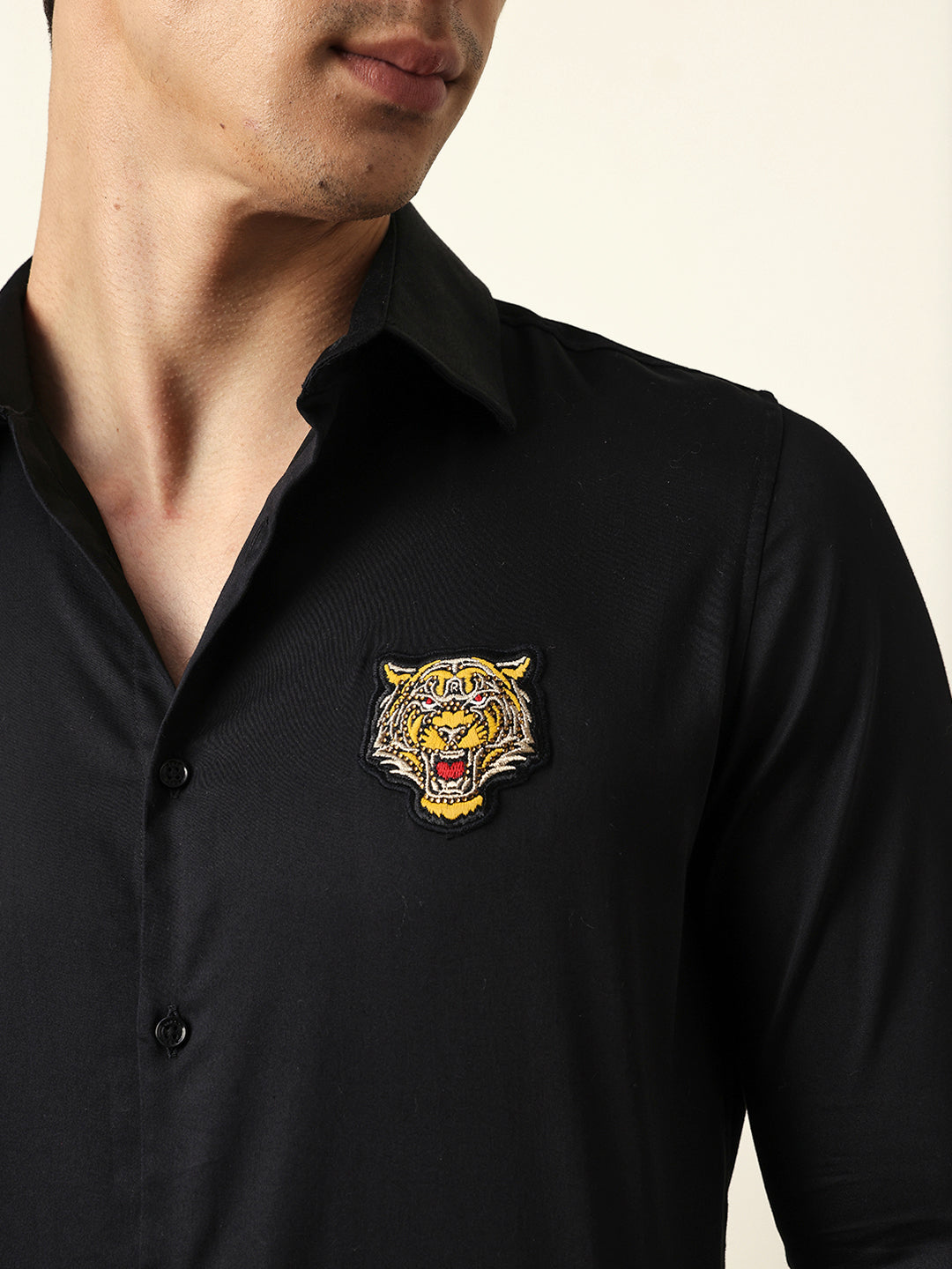 Black Tailored Fit Tiger Embroidery Formal Party Shirt