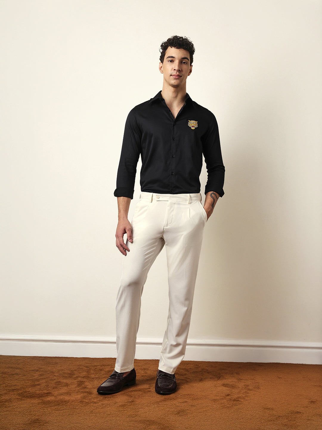 Black Tailored Fit Tiger Embroidery Formal Party Shirt
