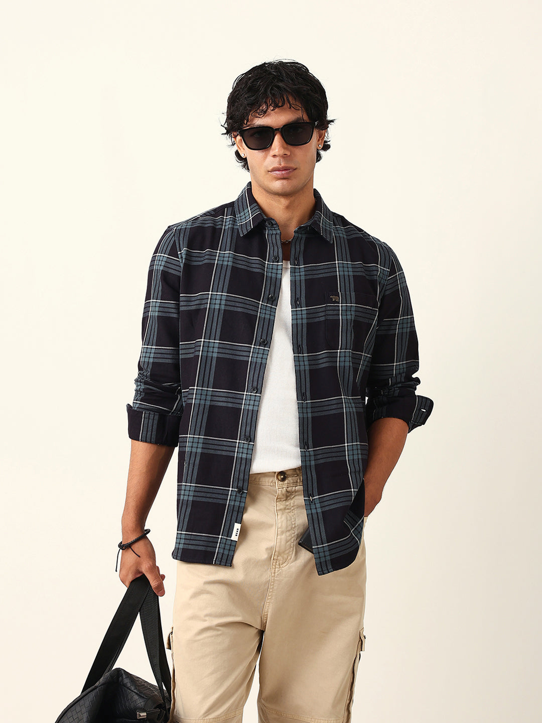 Black Woven Tartan Checked Slim Fit Casual Shirt