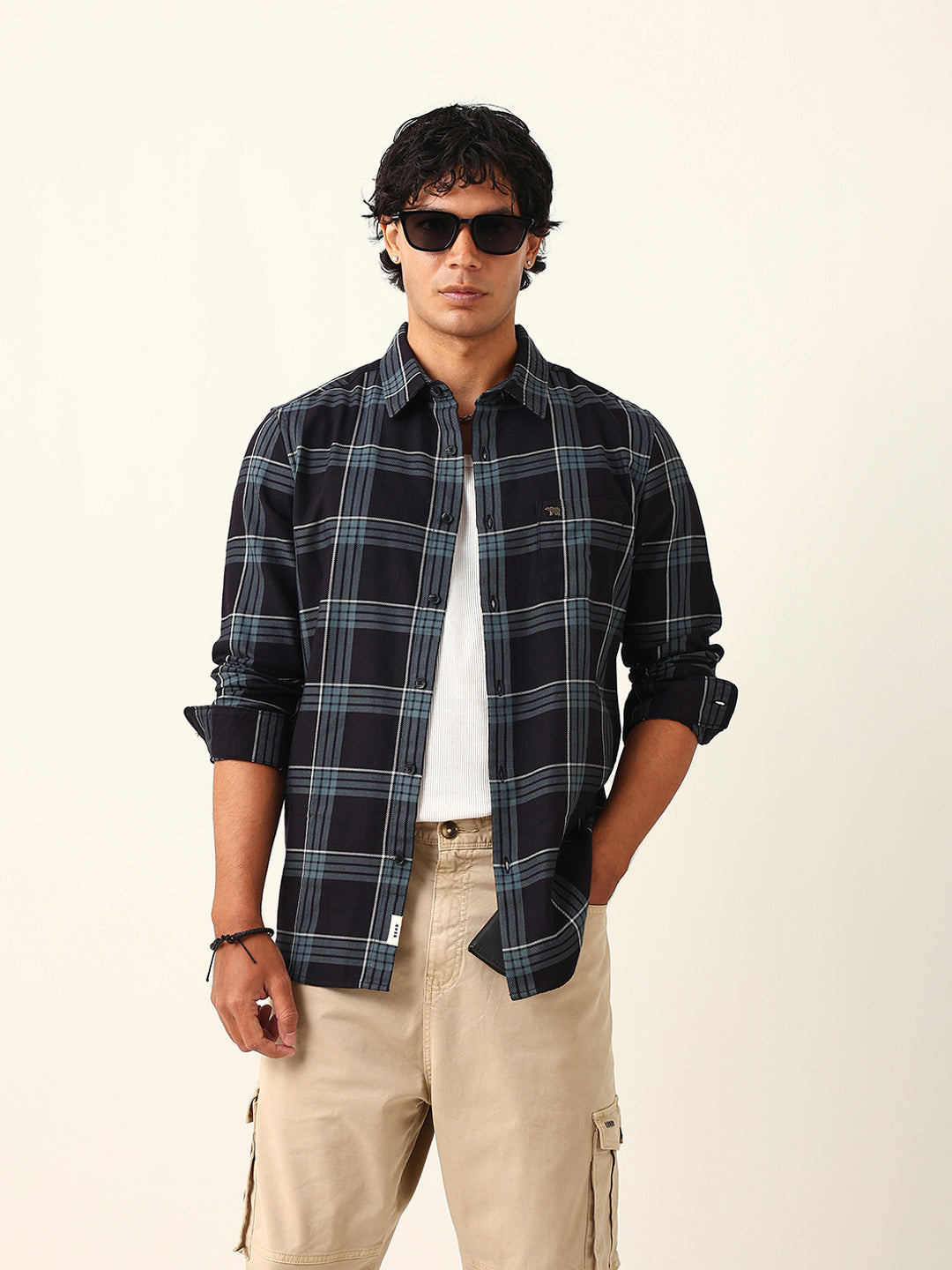 Black Woven Tartan Checked Slim Fit Casual Shirt