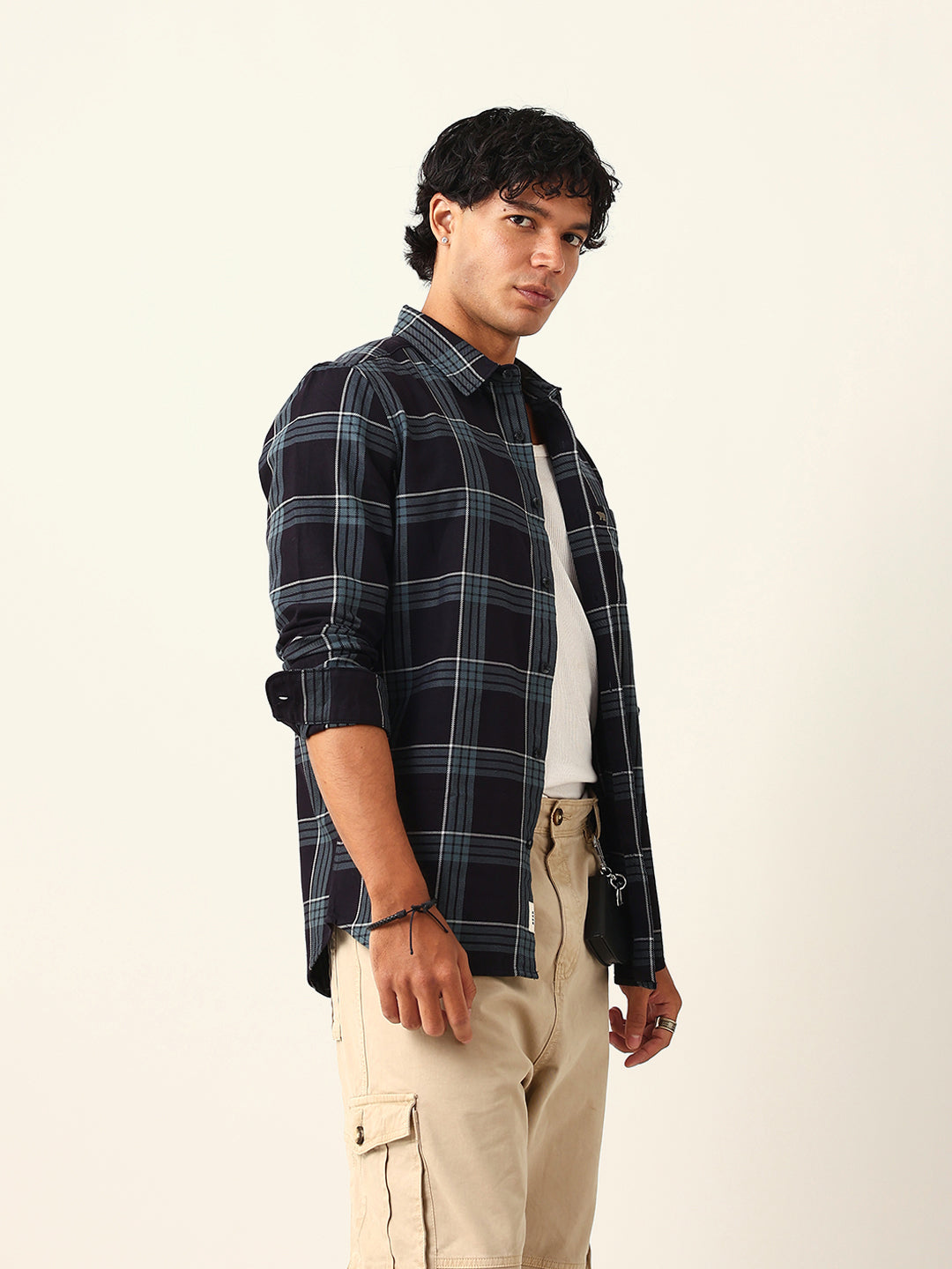 Black Woven Tartan Checked Slim Fit Casual Shirt