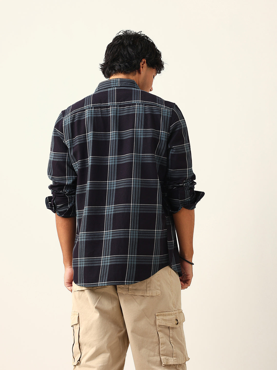 Black Woven Tartan Checked Slim Fit Casual Shirt