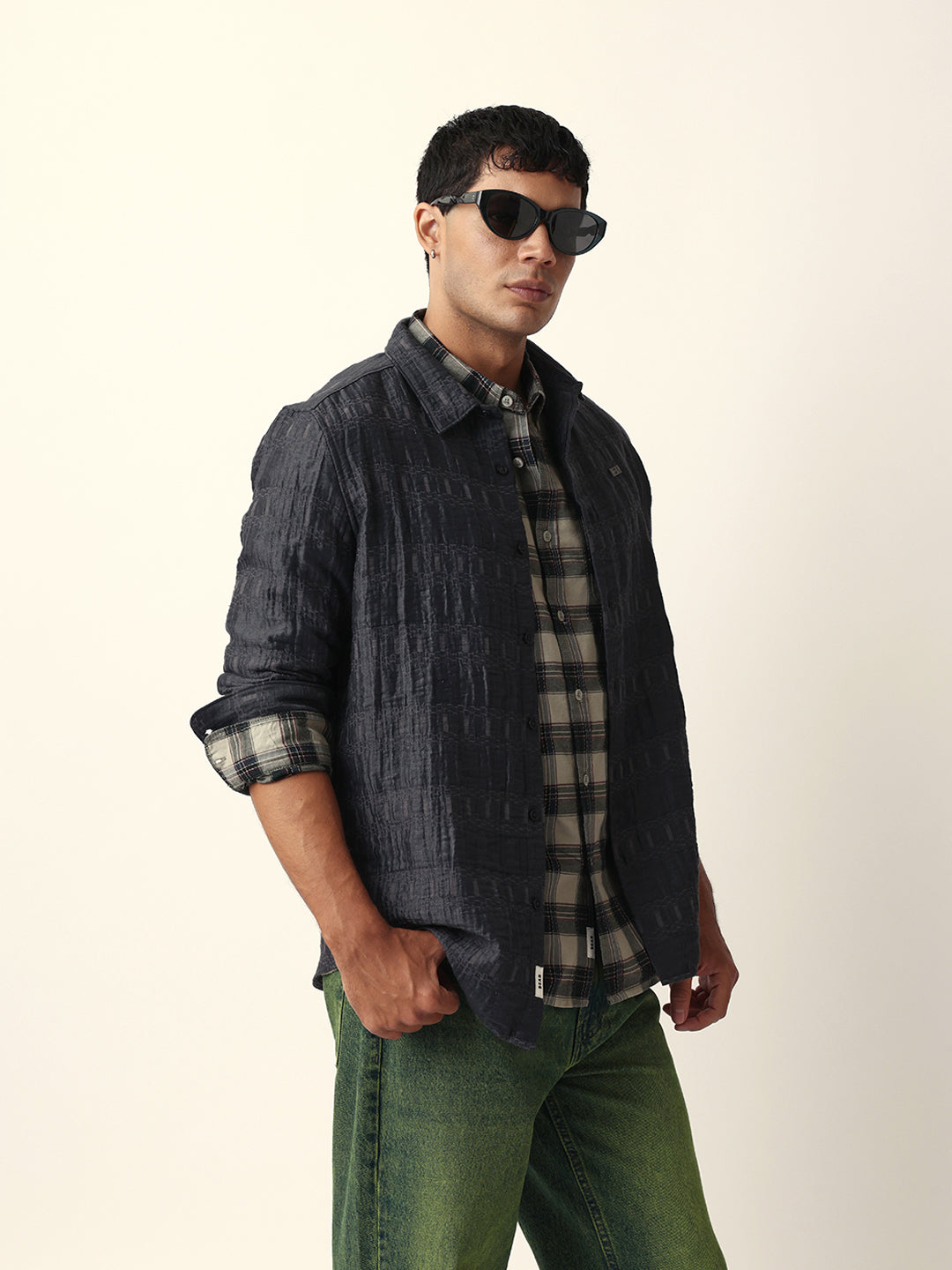 Grey Textured Woven Self-Design Slim Fit Casual Shirt