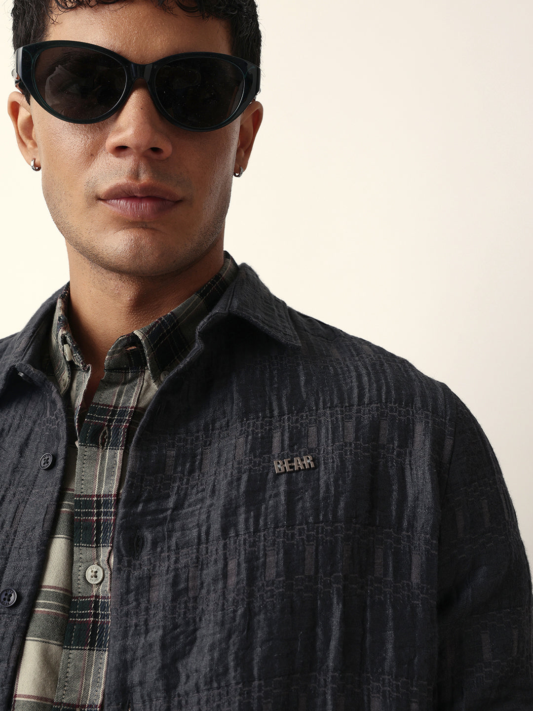 Grey Textured Woven Self-Design Slim Fit Casual Shirt