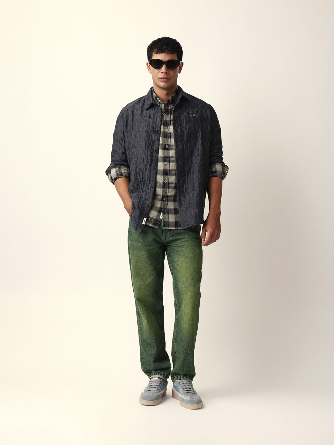 Grey Textured Woven Self-Design Slim Fit Casual Shirt