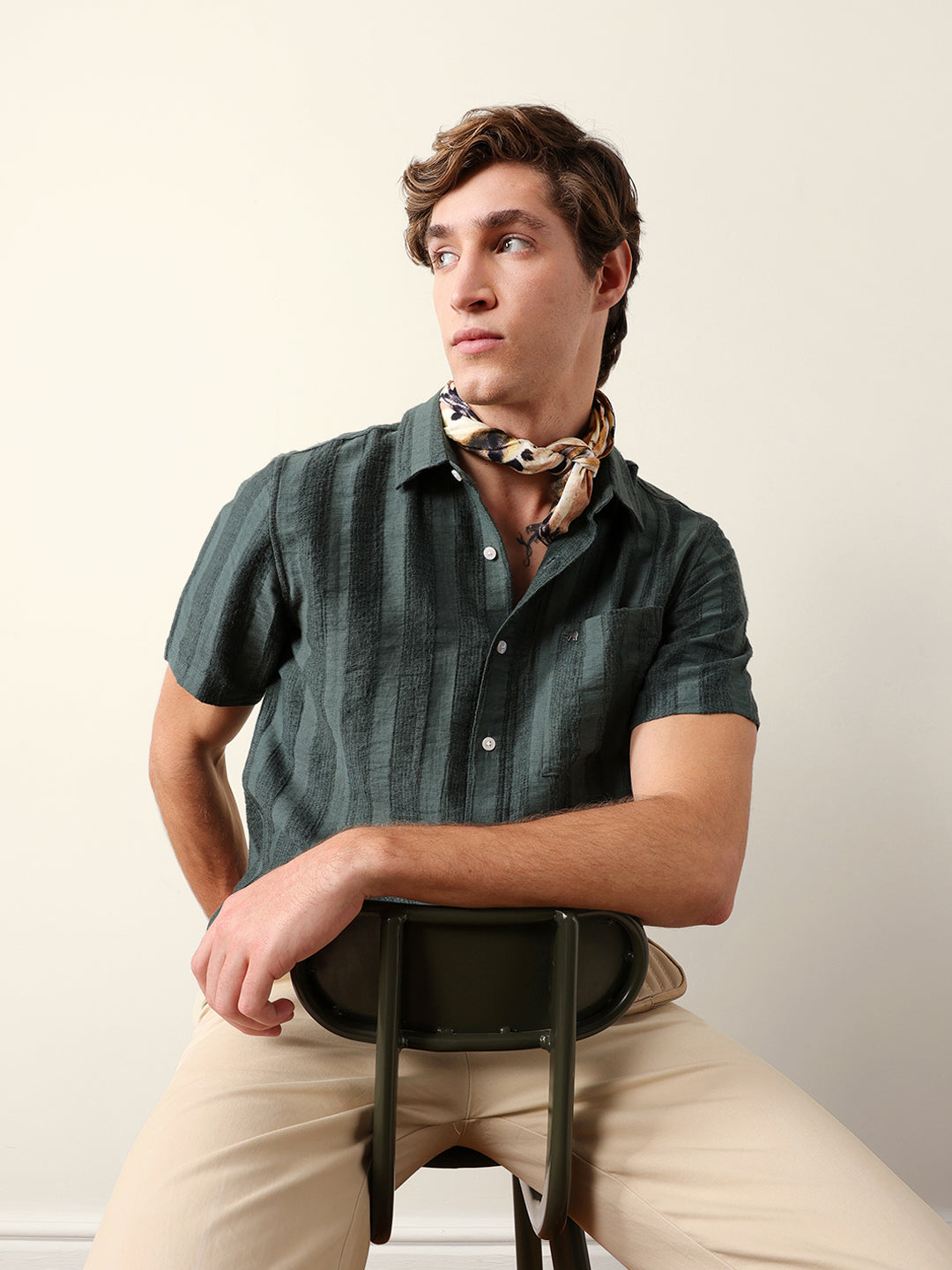 Olive Vertical Stripe Dobby Woven Regular Fit Casual Shirt