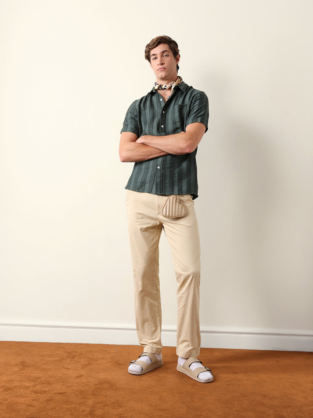Olive Vertical Stripe Dobby Woven Regular Fit Casual Shirt