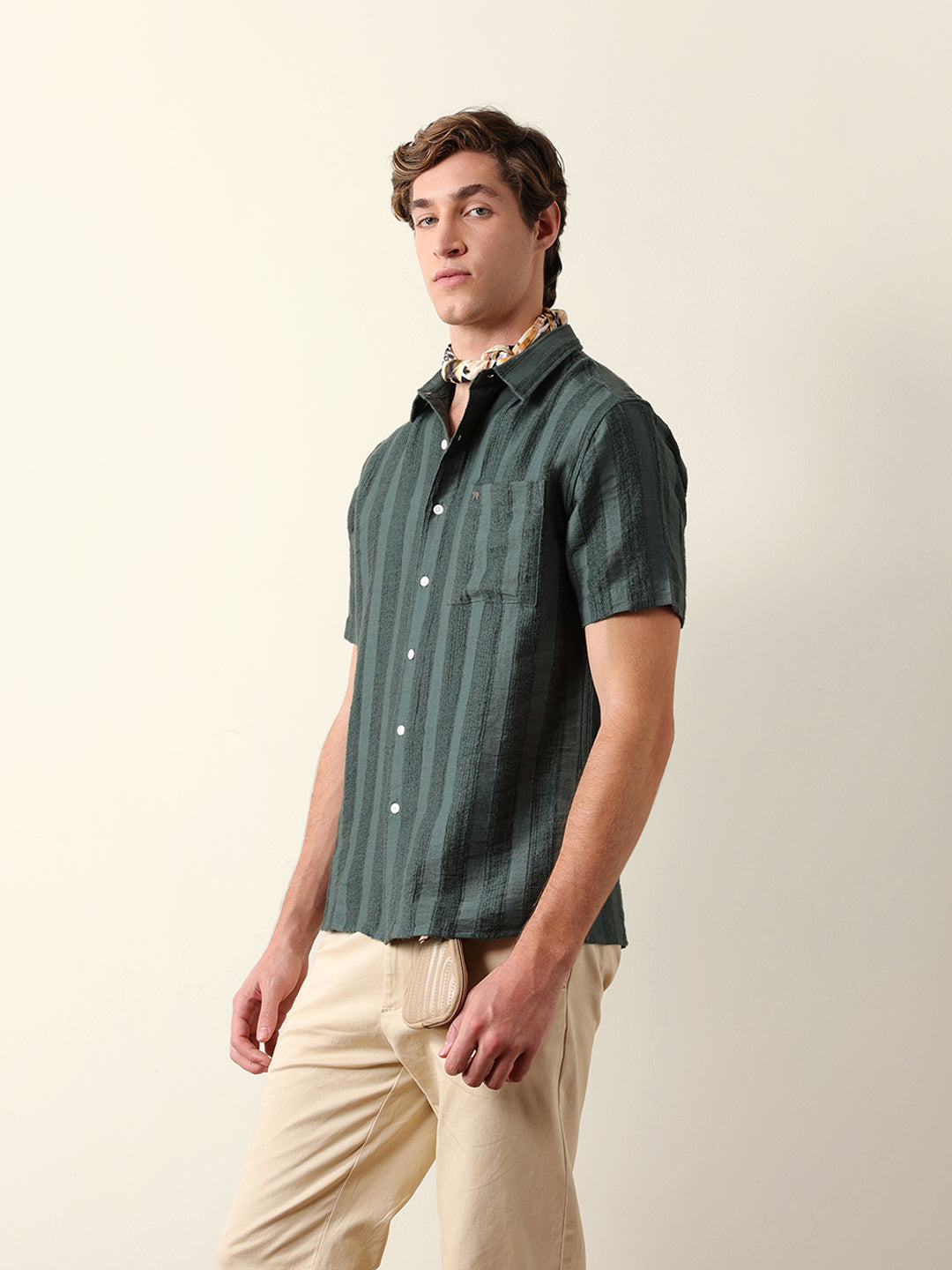 Olive Vertical Stripe Dobby Woven Regular Fit Casual Shirt