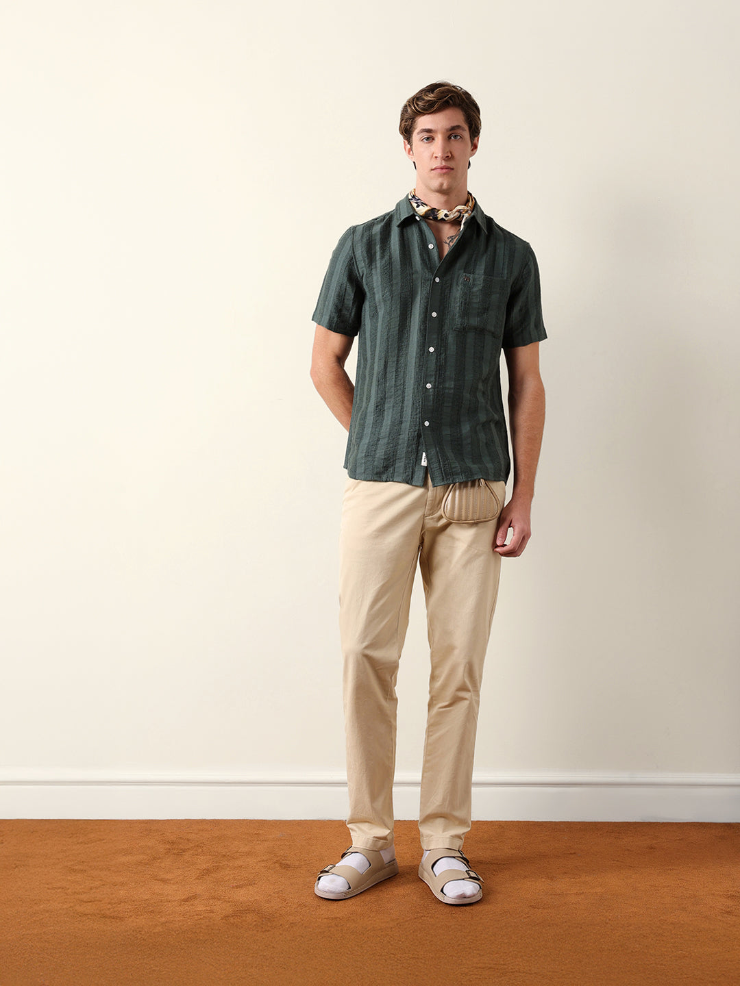 Olive Vertical Stripe Dobby Woven Regular Fit Casual Shirt