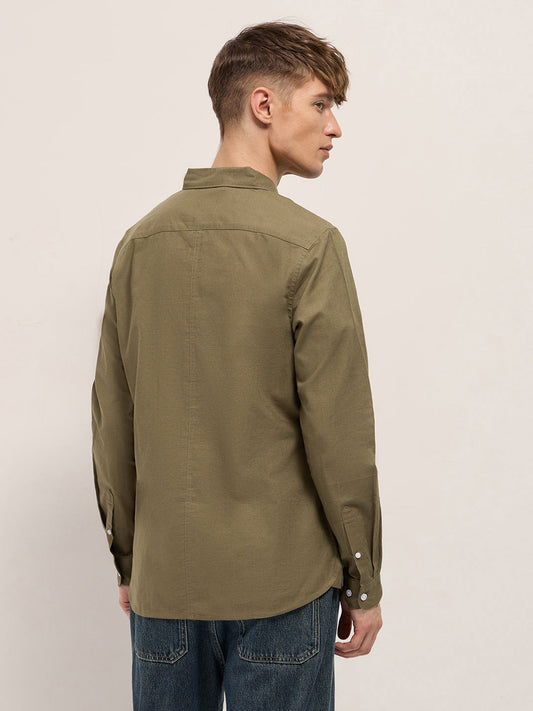 Dark Green Cotton Linen Slim Fit Solid Casual Shirt