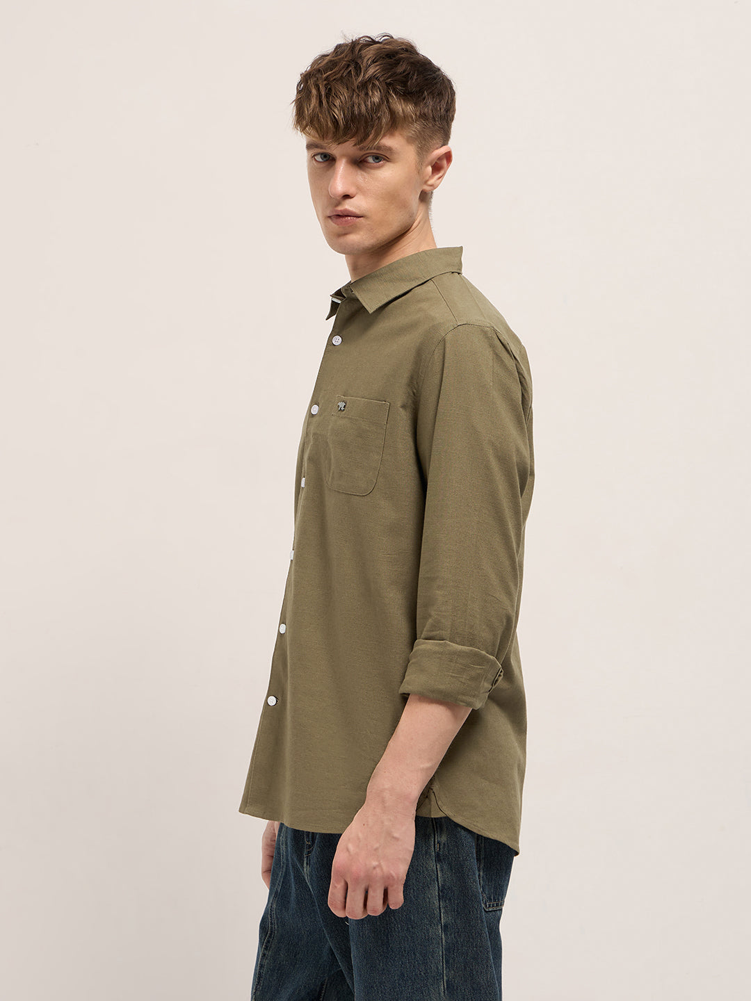 Dark Green Cotton Linen Slim Fit Solid Casual Shirt