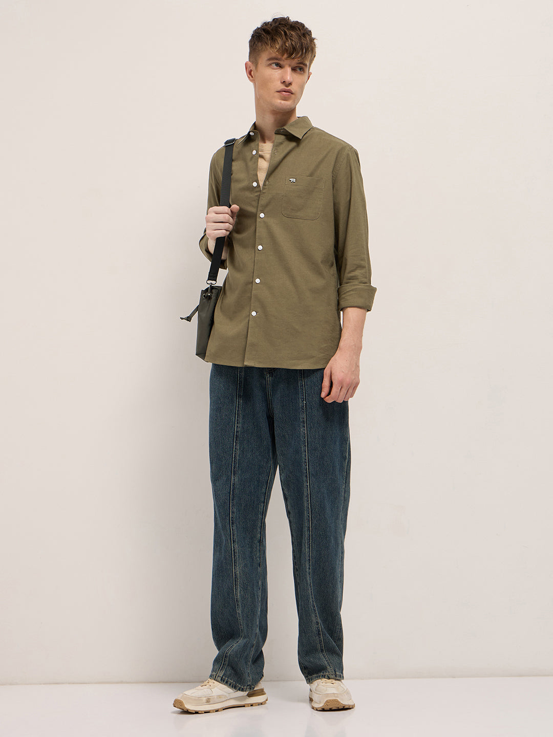 Dark Green Cotton Linen Slim Fit Solid Casual Shirt