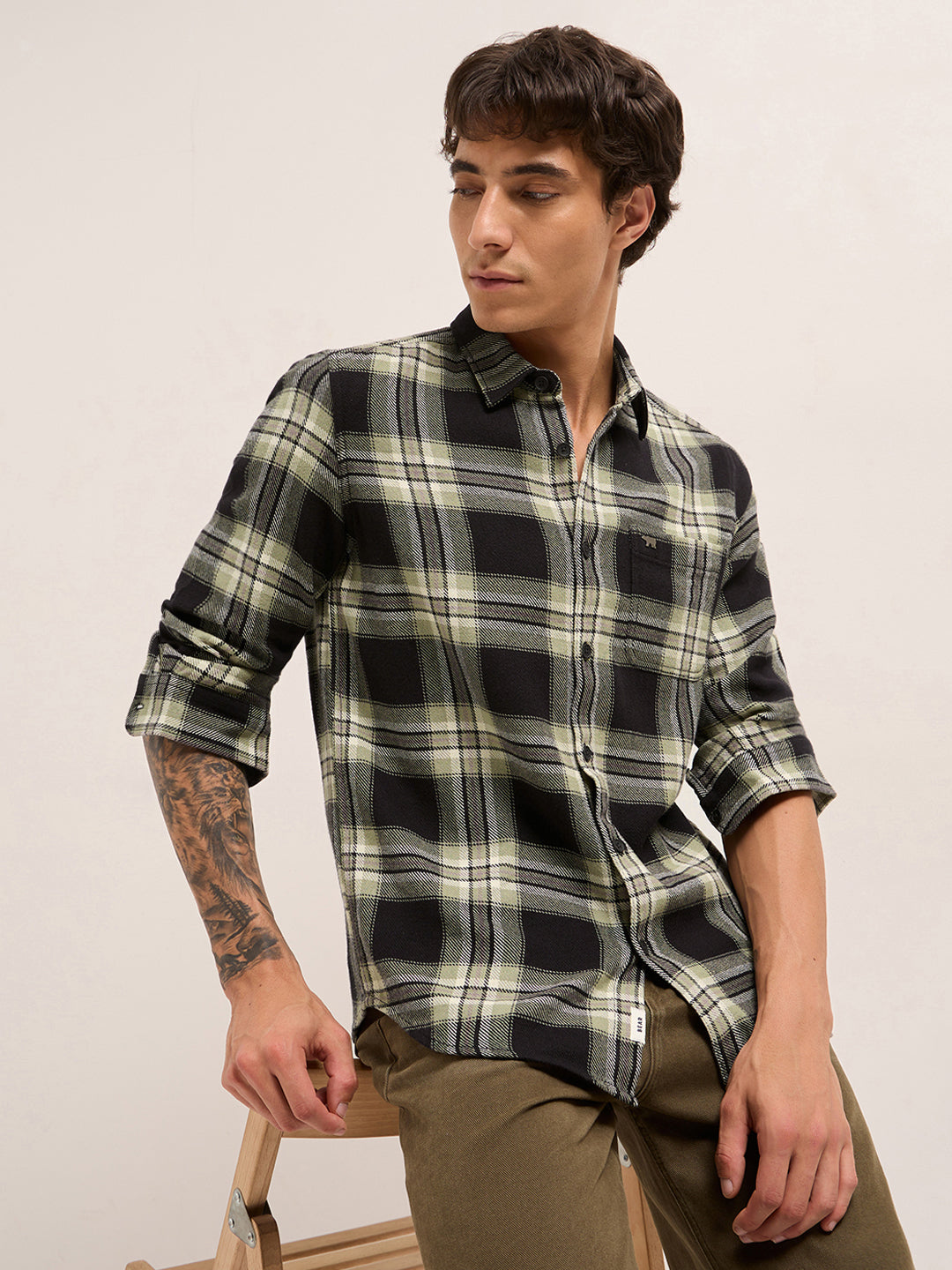 Black Woven Check Regular Fit Casual Shirt