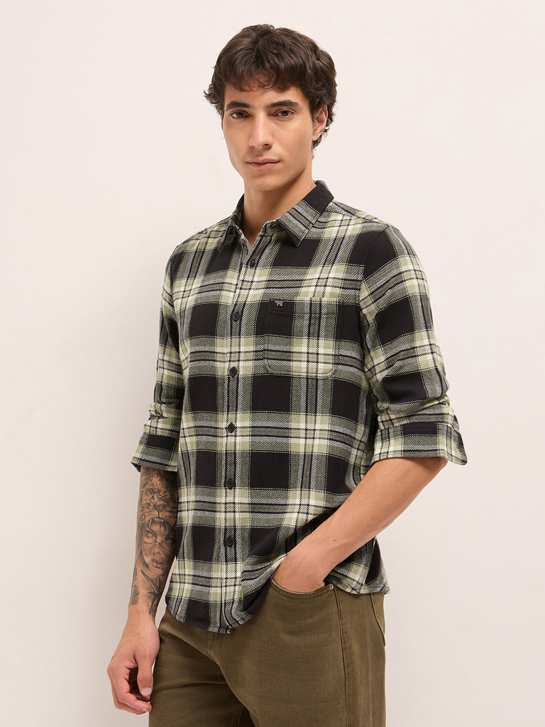 Black Woven Check Regular Fit Casual Shirt