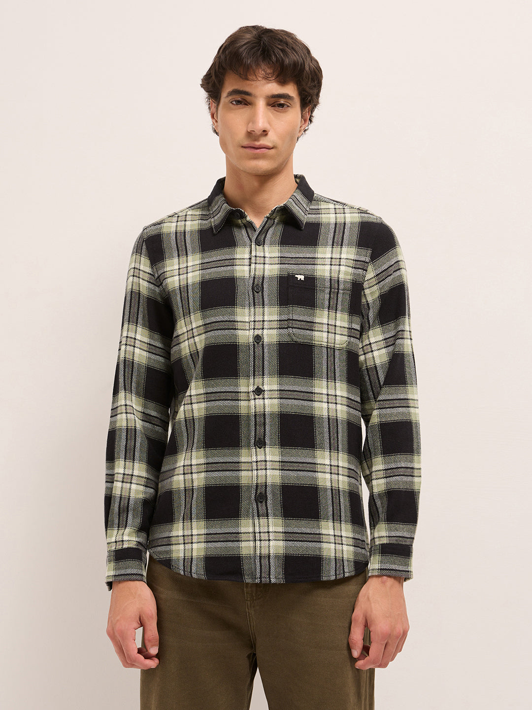 Black Woven Check Regular Fit Casual Shirt