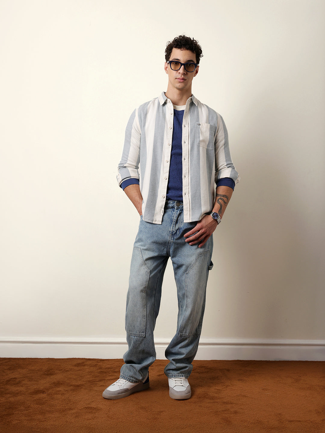 Blue & Cream Woven Striped Flannel Regular Fit Casual Shirt