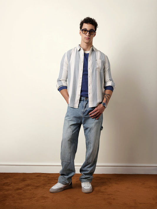 Blue & Cream Woven Striped Flannel Regular Fit Casual Shirt