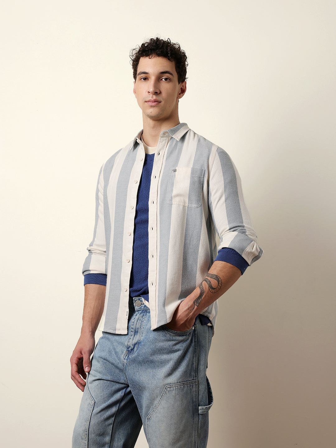 Blue & Cream Woven Striped Flannel Regular Fit Casual Shirt