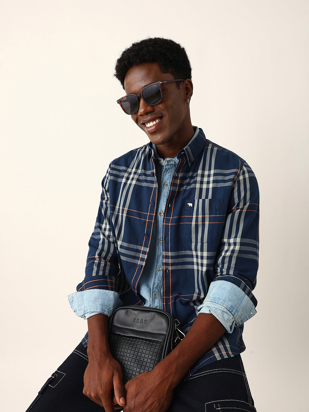 Blue & Beige Windowpane Checked Slim Fit Woven Casual Shirt