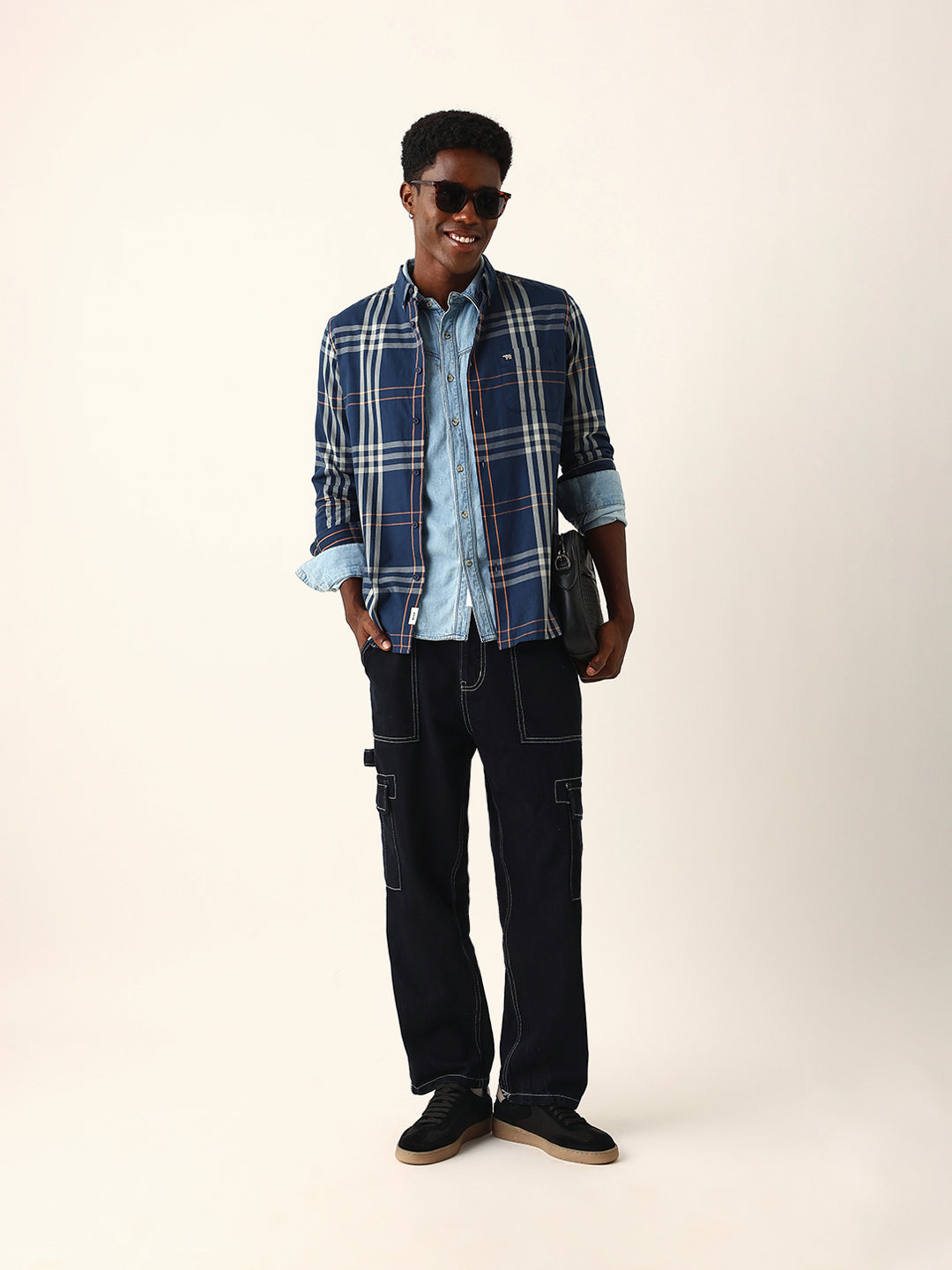 Blue & Beige Windowpane Checked Slim Fit Woven Casual Shirt