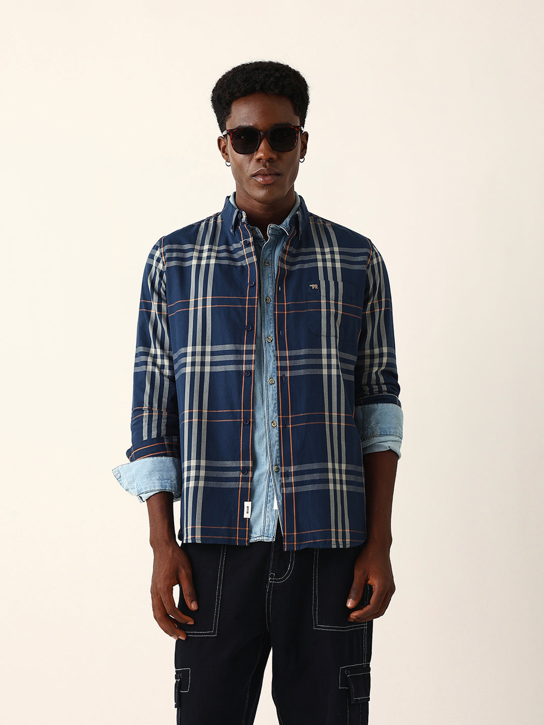 Blue & Beige Windowpane Checked Slim Fit Woven Casual Shirt