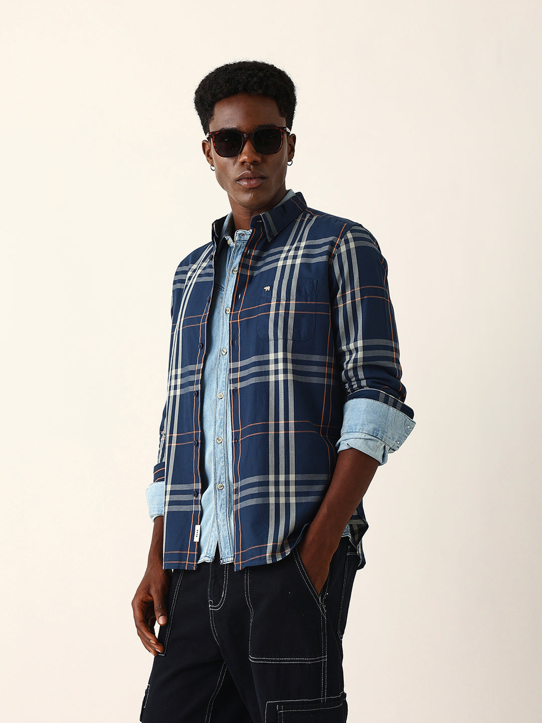 Blue & Beige Windowpane Checked Slim Fit Woven Casual Shirt