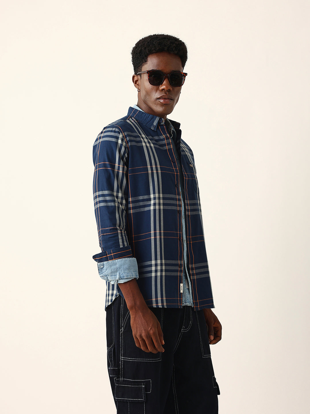 Blue & Beige Windowpane Checked Slim Fit Woven Casual Shirt