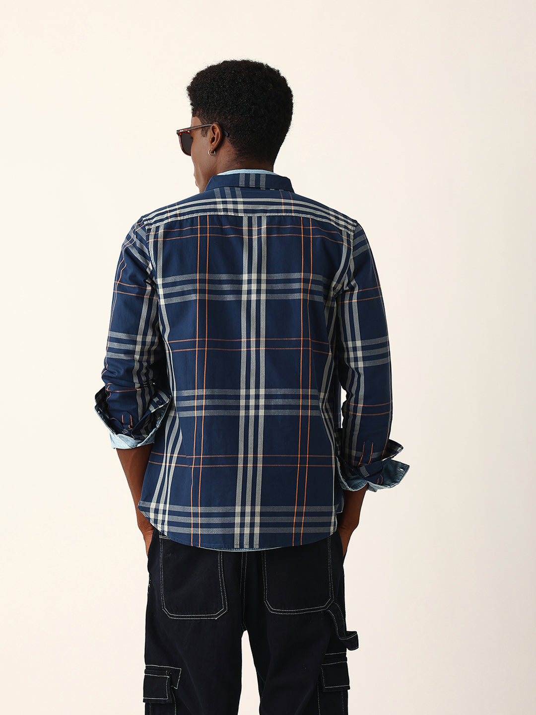 Blue & Beige Windowpane Checked Slim Fit Woven Casual Shirt