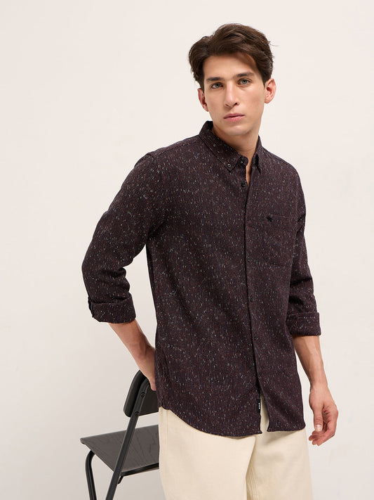 Rust Woven Design Cotton Blend Slim Fit Casual Shirt